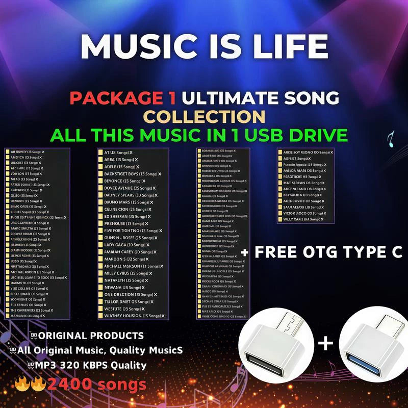 USB FLASHDRIVE WITH SONGS/MUSIC 3000 FILES MP3 320KBPS HIGHEST QUALITY FREE OTG ADAPTER